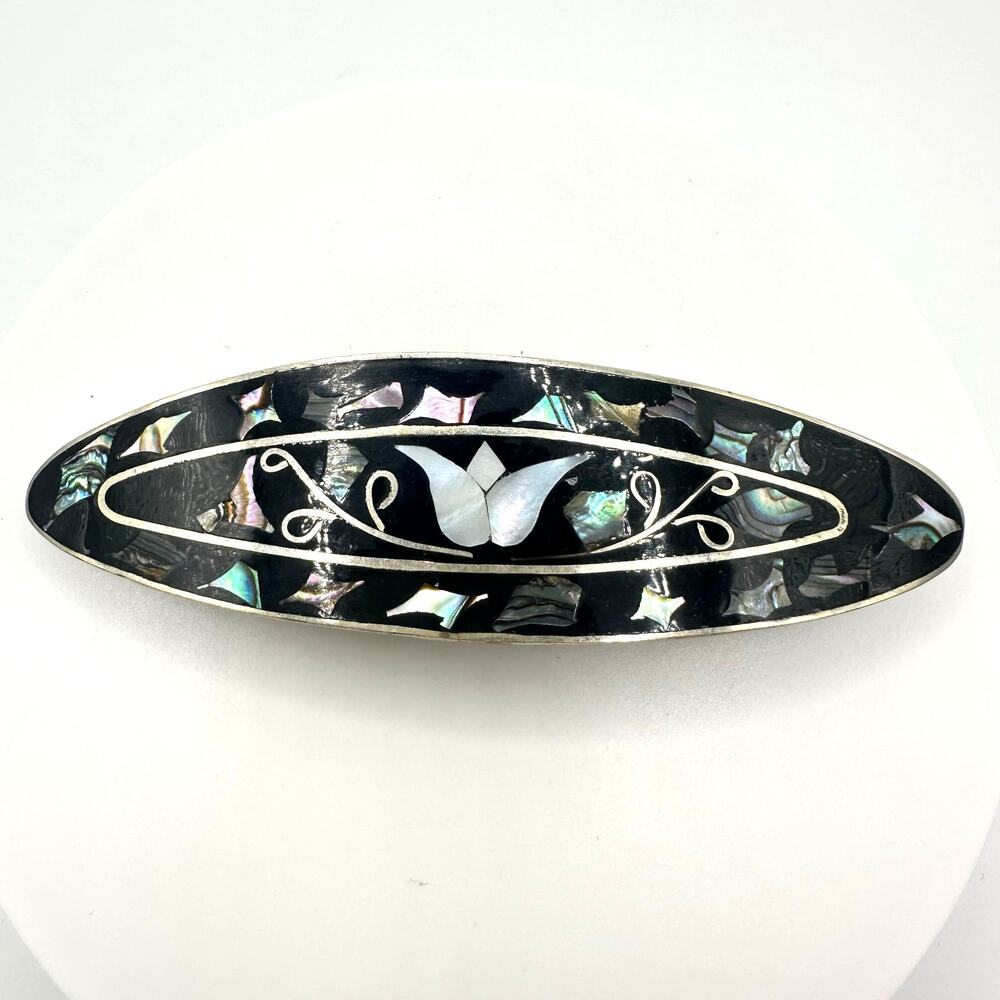 Vintage iridescent abalone mother of pearl enamel Alpaca hair barrette clip